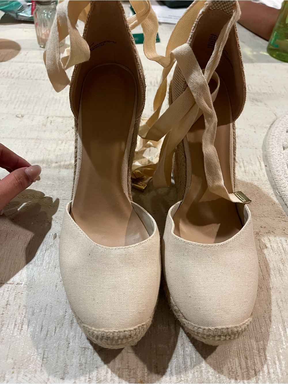 Canvas Ankle-Tie Wedge Espadrilles in Cream